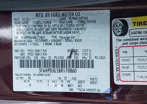 2011 Ford Fusion Sel из США, поврежденный, VIN 3FAHP0JG5BR170860